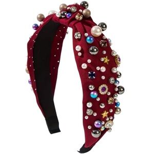 Red Knotted Headband with Faux Pearls & Rhinestones